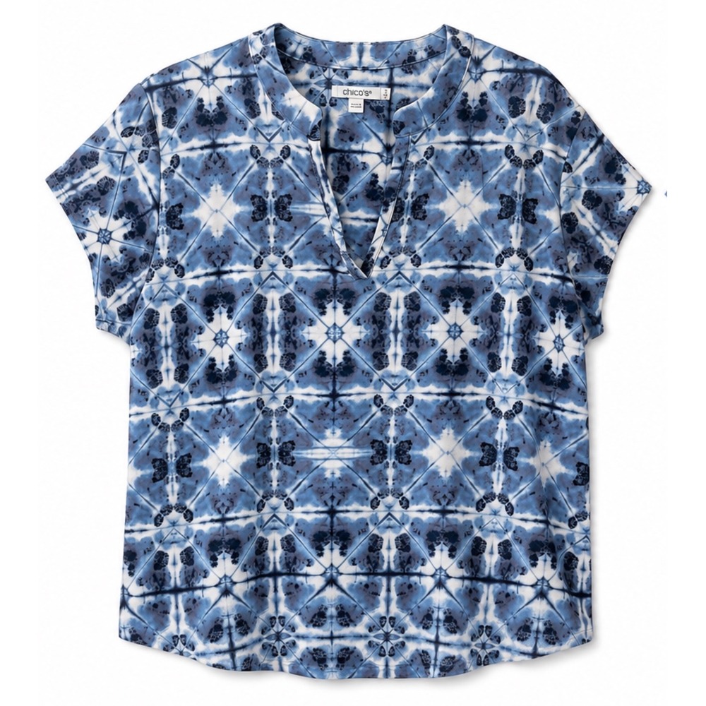 Chicos Blue Shibori Geometric Print Split Neck Cap Sleeve Blouse Womens XL 3